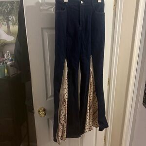 Navy Bell Bottom Pants with Patterned Inserts